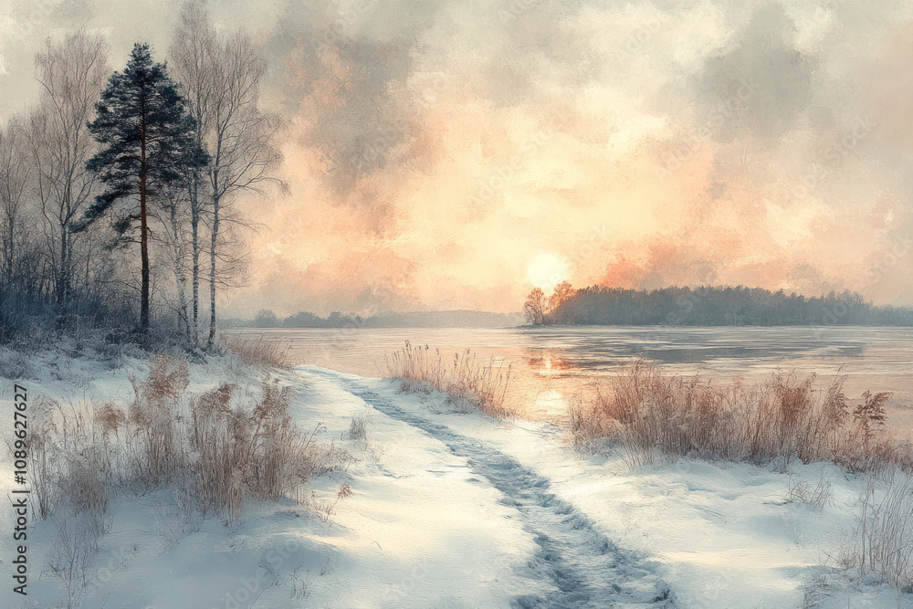 winter landscape during sunset. winter landscape during sunset.