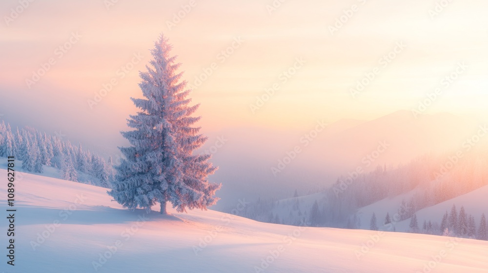 Solitary Snow Covered Fir Tree Mountain Sunrise Solitary Snow Covered Fir Tree Mountain Sunrise