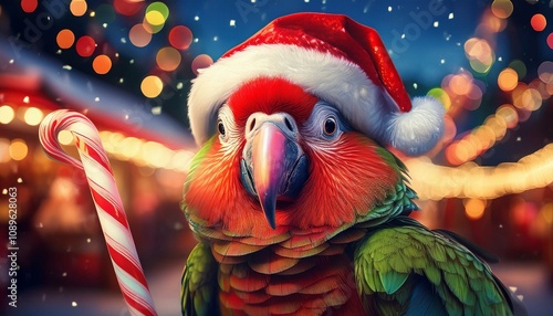 Holiday spirit captured in a colorful parrot wearing a Santa hat.