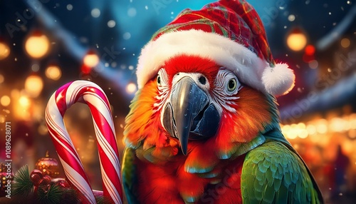 Joyful parrot spreading holiday cheer with a candy cane and Santa hat.
