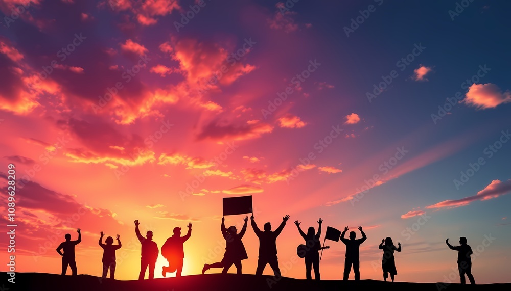 Silhouette of People Celebrating at Sunset Silhouette of People Celebrating at Sunset