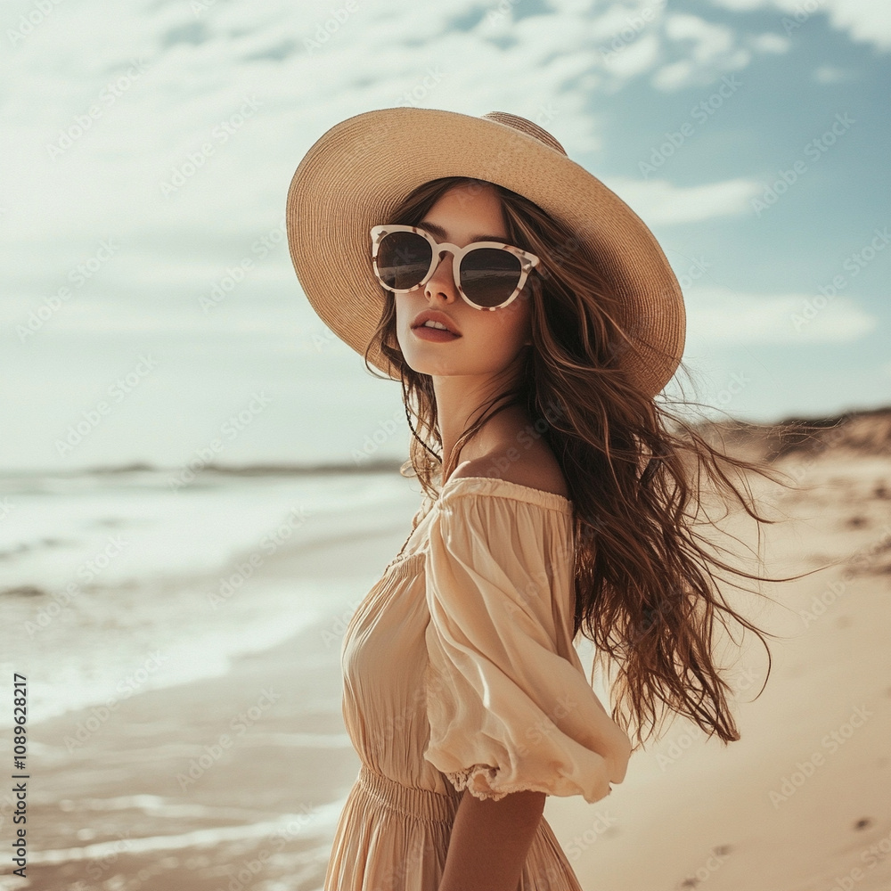 Young woman enjoying a sunny day at the beach with vibrant scenery Young woman enjoying a sunny day at the beach with vibrant scenery