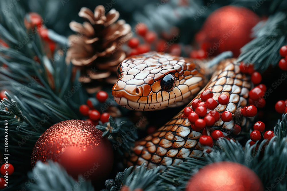a snake with a brown-orange pattern, comfortably located among the New Year's decor. a snake with a brown-orange pattern, comfortably located among the New Year's decor.