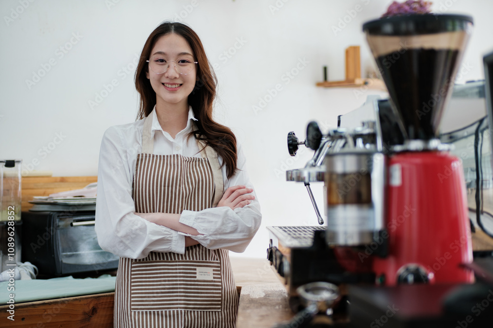 Confident small business owner at a cafe counter, radiating professionalism and hospitality. Confident small business owner at a cafe counter, radiating professionalism and hospitality.