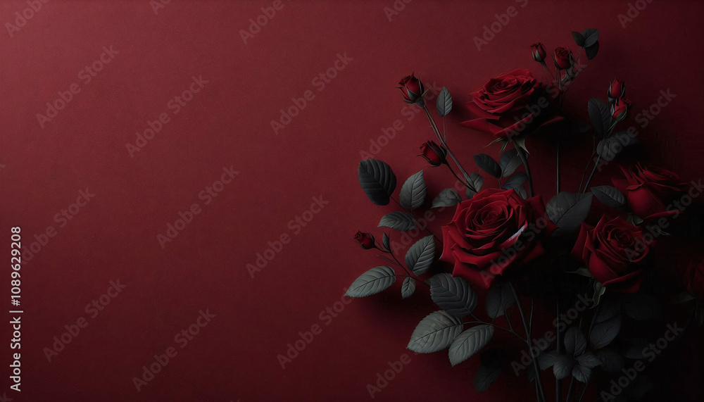 Dark red roses on the right side of an empty red wall. Generative AI. Dark red roses on the right side of an empty red wall. Generative AI.
