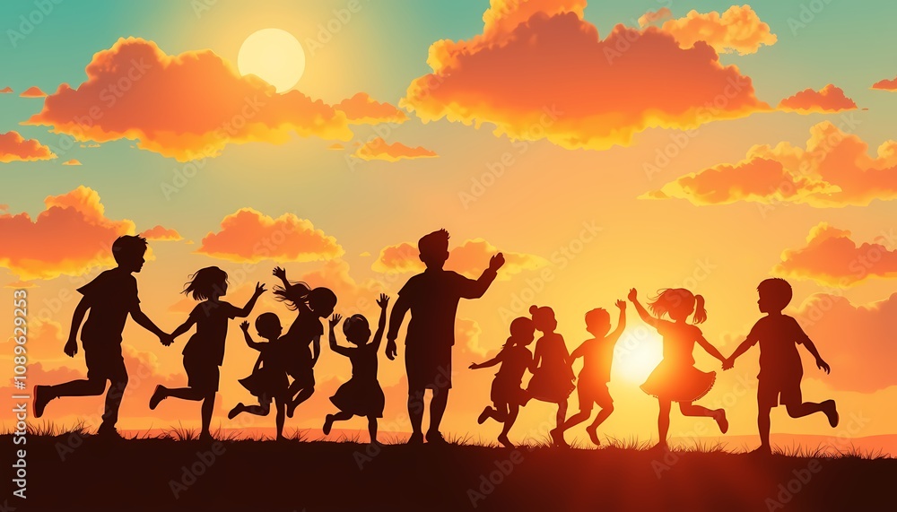 Silhouette of Happy Children Playing at Sunset Silhouette of Happy Children Playing at Sunset