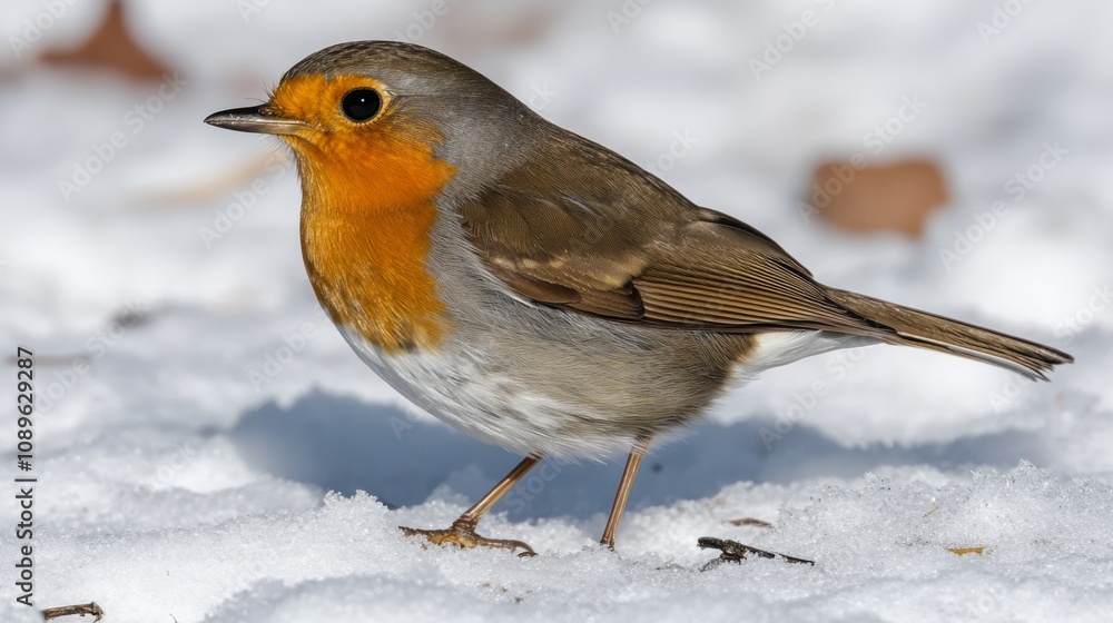European Robin Bird In Snowy Winter Landscape European Robin Bird In Snowy Winter Landscape