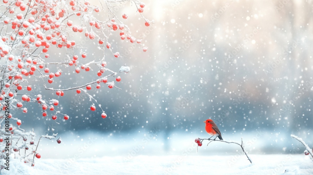 Fototapeta premium Red bird on snowy branch with red berries in winter