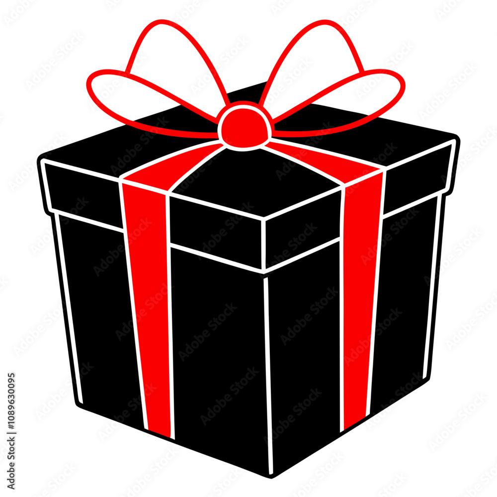 Sleek black gift box with a vibrant red bow on a white background Sleek black gift box with a vibrant red bow on a white background