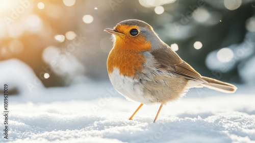 European Robin Bird In Snowy Winter Landscape