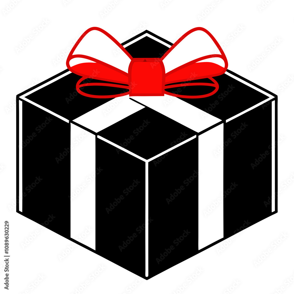 Sleek black gift box with a vibrant red bow on a white background Sleek black gift box with a vibrant red bow on a white background