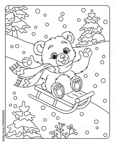 Coloring book for children. Cute little bear on a sled. Christmas illustration.