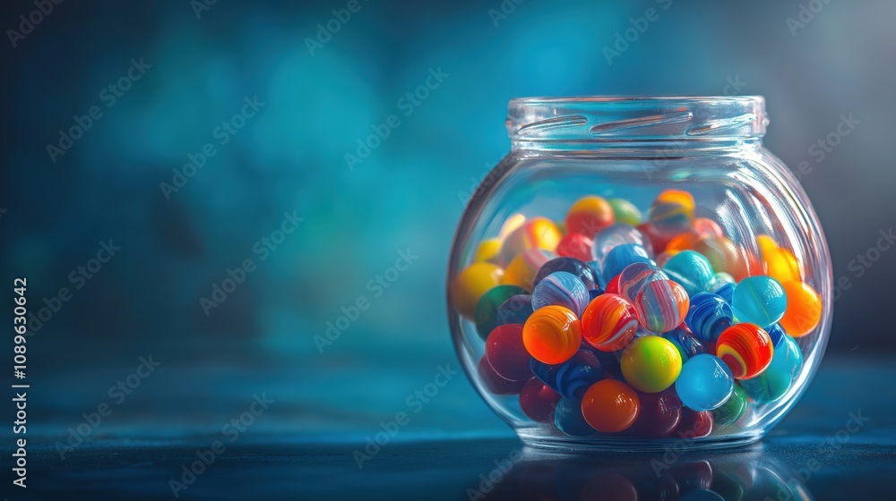 A glass jar filled with vibrant, colorful marbles against a blurred blue background. A glass jar filled with vibrant, colorful marbles against a blurred blue background.