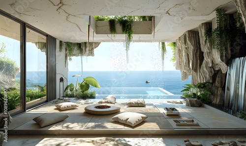 Sea-Facing Serenity, Living room with limestone block design, large panoramic windows facing the sea photo