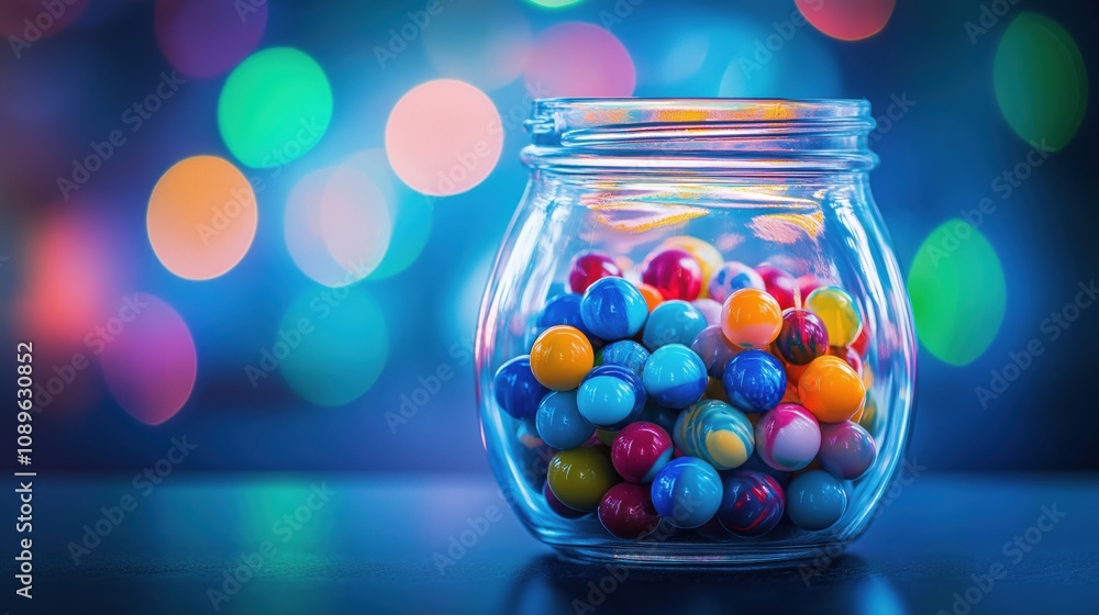 A glass jar filled with vibrant marbles against a blurred colorful background. A glass jar filled with vibrant marbles against a blurred colorful background.