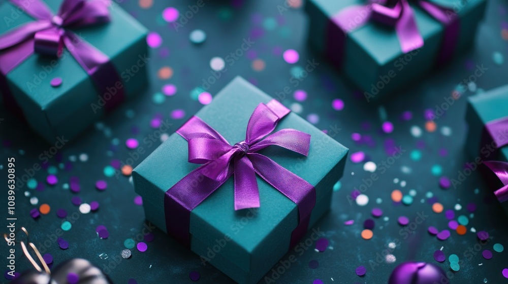 Teal gift boxes with purple ribbons and confetti Teal gift boxes with purple ribbons and confetti