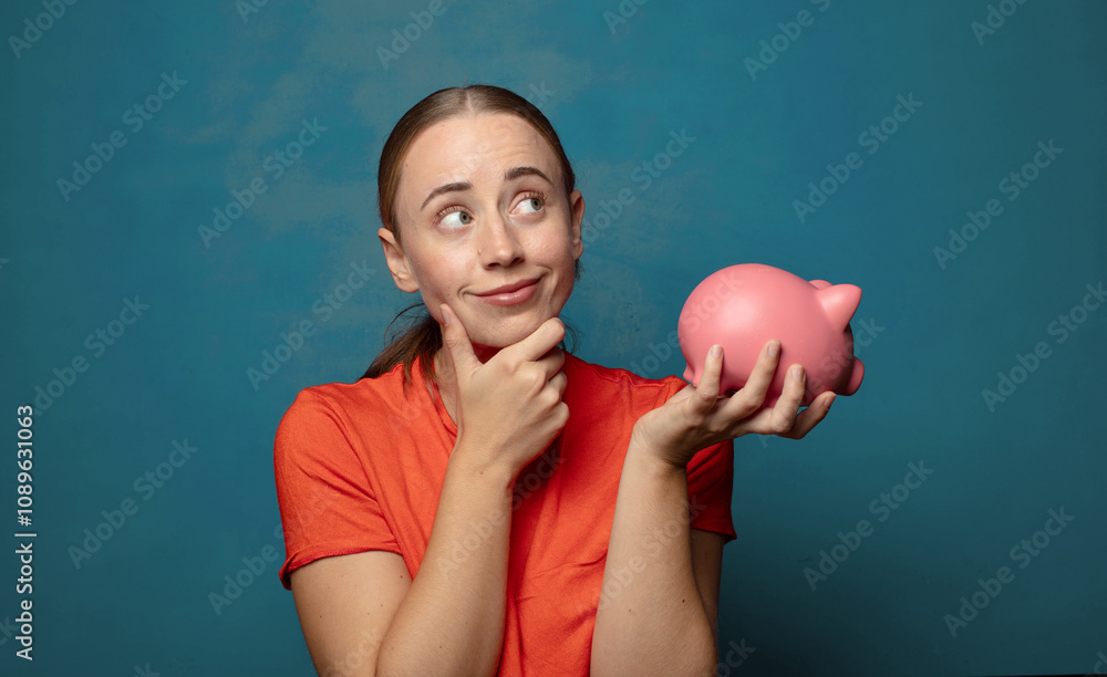 young blonde woman with a piggy bank young blonde woman with a piggy bank