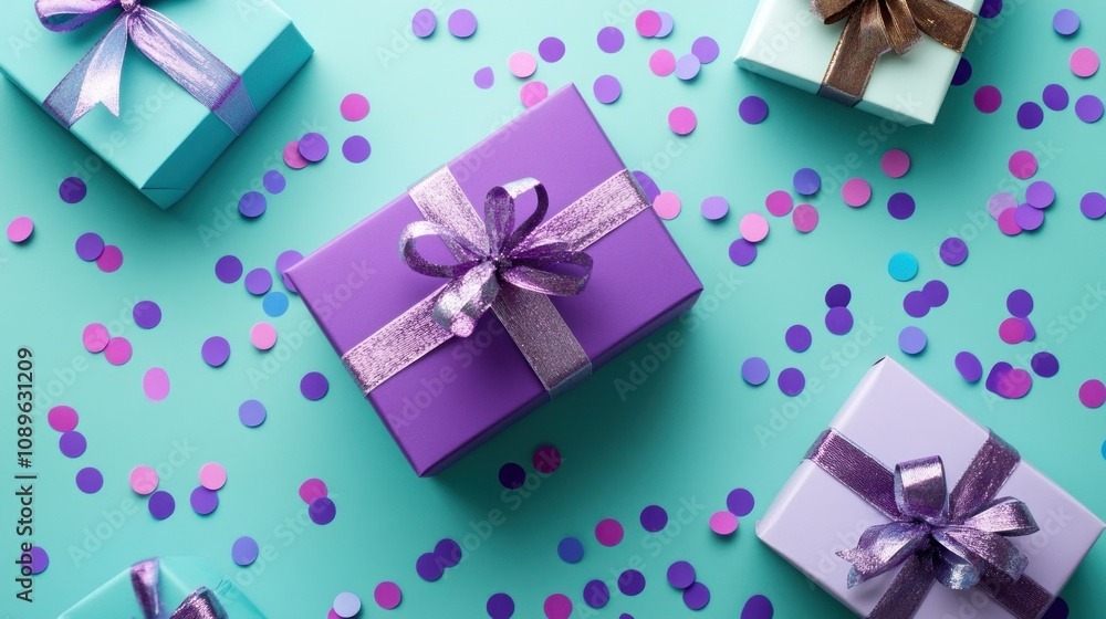 Beautiful purple-wrapped presents topped with bows. Beautiful purple-wrapped presents topped with bows.