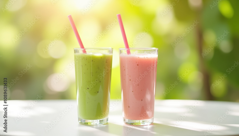 Refreshing green and pink smoothies served in glasses, ideal for celebrating Valentine's Day and sharing special moments with loved ones. Refreshing green and pink smoothies served in glasses, ideal for celebrating Valentine's Day and sharing special moments with loved ones.