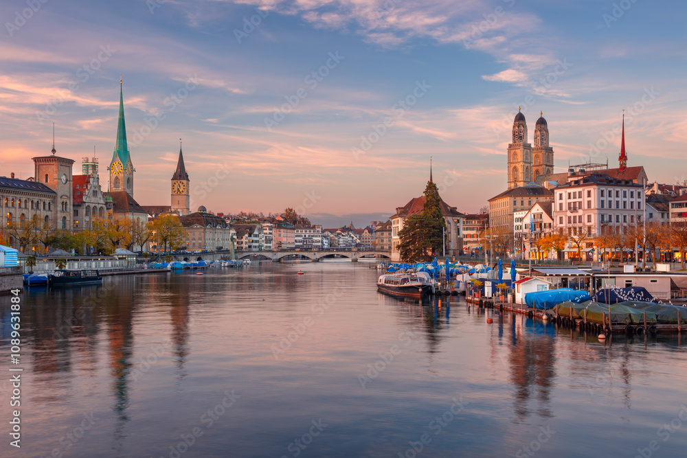 Zurich, Switzerland. Cityscape image of Zurich, Switzerland at beautiful autumn sunset.