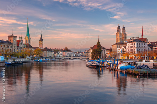  Zurich, Switzerland. Cityscape image of Zurich, Switzerland at beautiful autumn sunset.