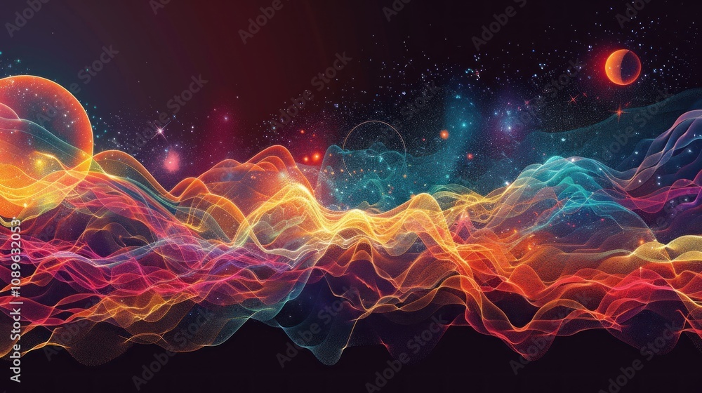 Abstract colorful waves with stars and planets in the background. Abstract colorful waves with stars and planets in the background.