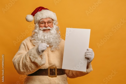 Santa holding blank paper smiling with a festive background during the holiday season. Generative AI