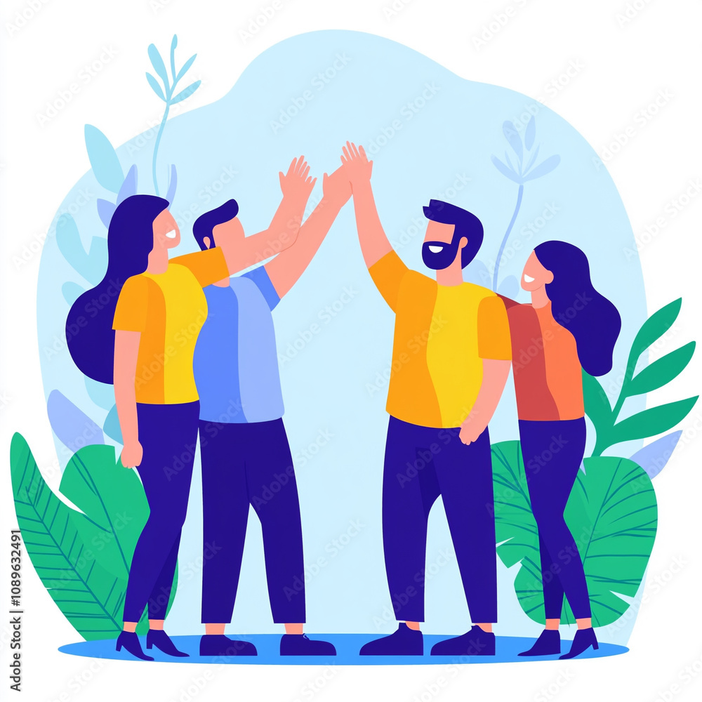 Team celebrates success with high fives in modern workspace Team celebrates success with high fives in modern workspace