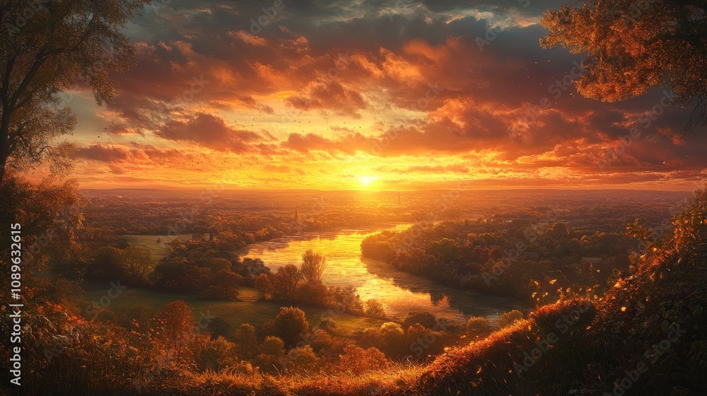 Autumn Sunset Over River Valley Landscape Scene Autumn Sunset Over River Valley Landscape Scene