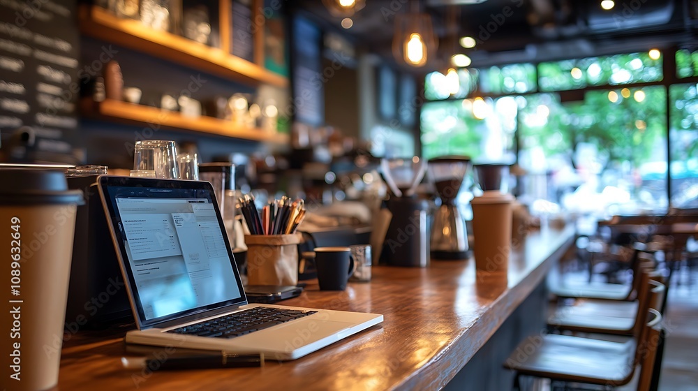 Obraz premium Blurred coffee shop workspace with modern tech gadgets in focus