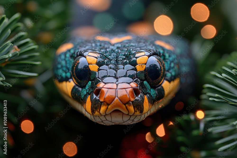 Fototapeta premium an exotic snake with bright scales consisting of green, orange and black patterns.