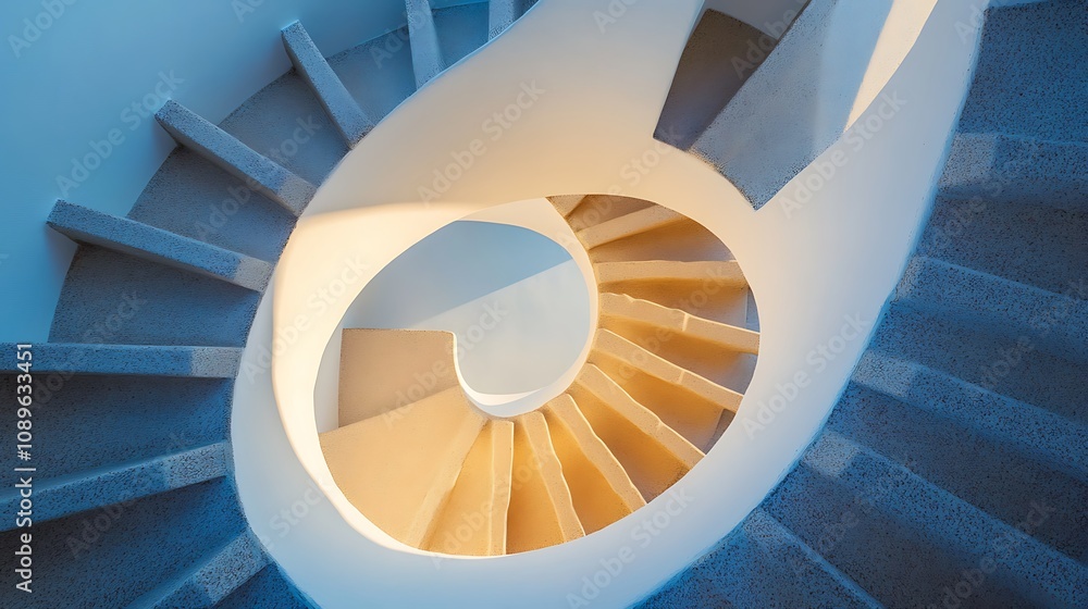 Fototapeta premium Sunlit spiral staircase, modern architecture, interior design.