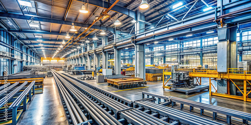 A large industrial facility features extensive machinery and organized workstations. Bright overhead lights illuminate the assembly areas, showcasing steel components ready for production