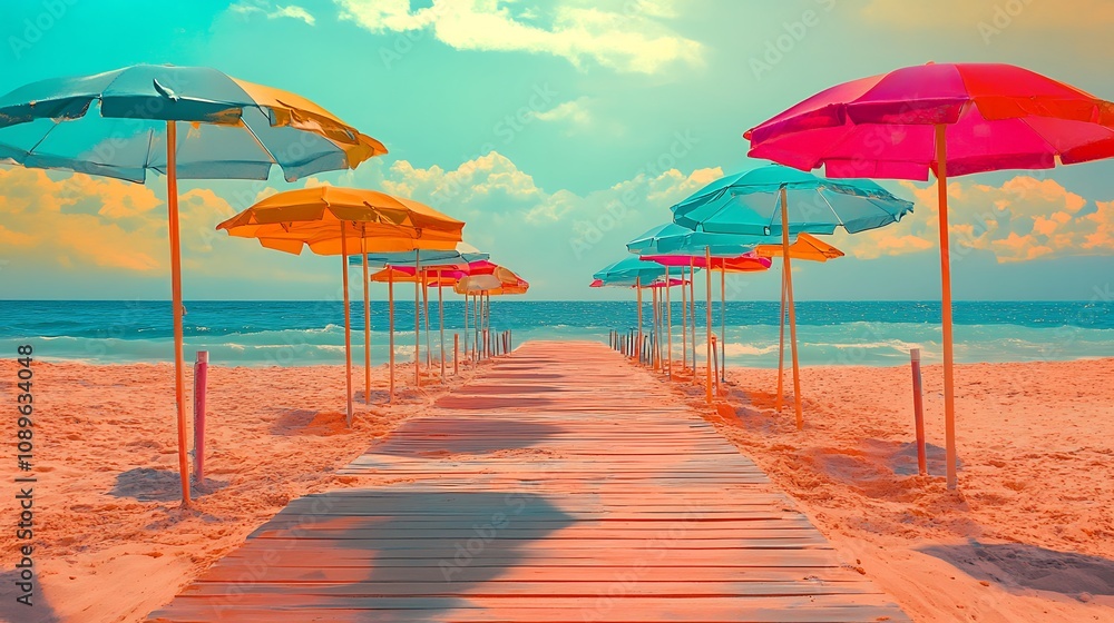 Fototapeta premium Colorful beach umbrellas line a wooden boardwalk leading to the ocean on a sunny day.