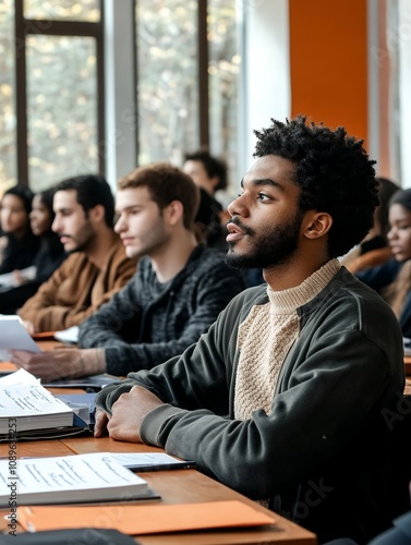 A focused student attentively listens during a lecture in a bright classroom with large windows