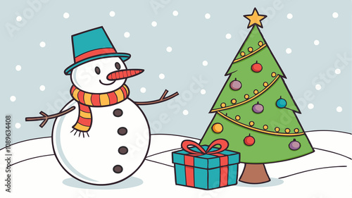 Christmas theme banner of Snowman with Christmas tree and gift box silhouette vector illustration design . 3d illustration photo