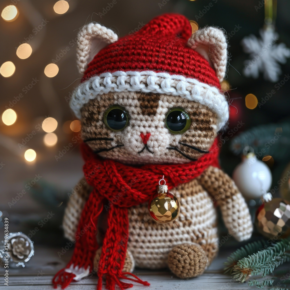 knitted toy in the shape of a cute kitten in New Year's style. knitted toy in the shape of a cute kitten in New Year's style.