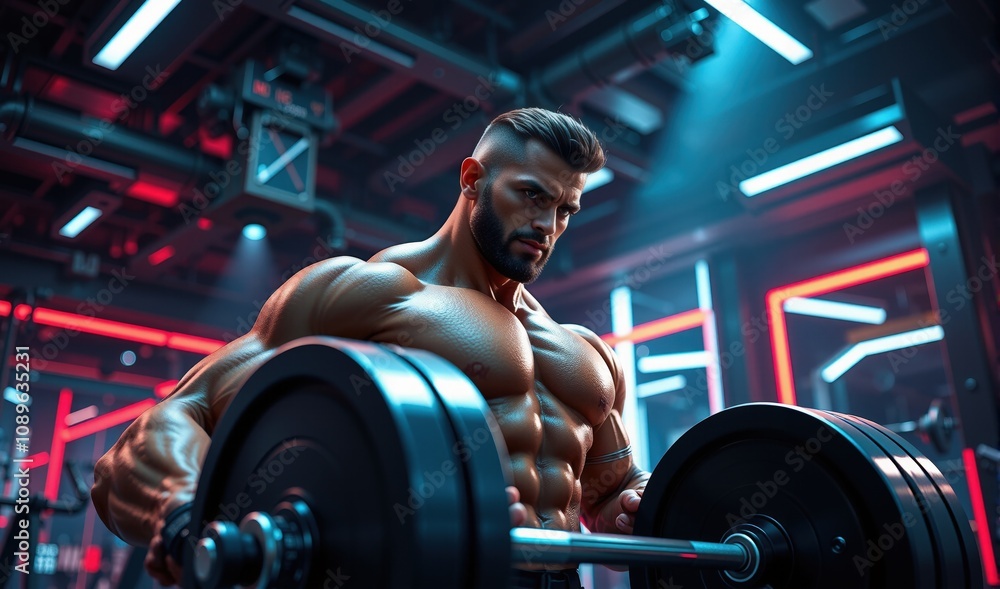 Man lifting weights in futuristic gym Man lifting weights in futuristic gym