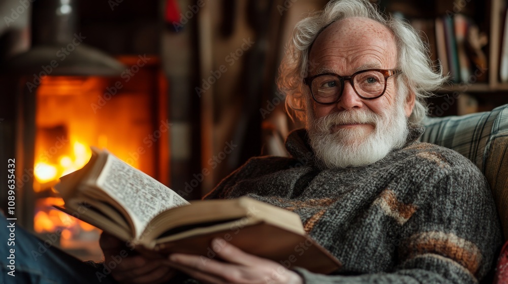 Elderly Man Reading Book By Fireplace Cozy Winter Elderly Man Reading Book By Fireplace Cozy Winter