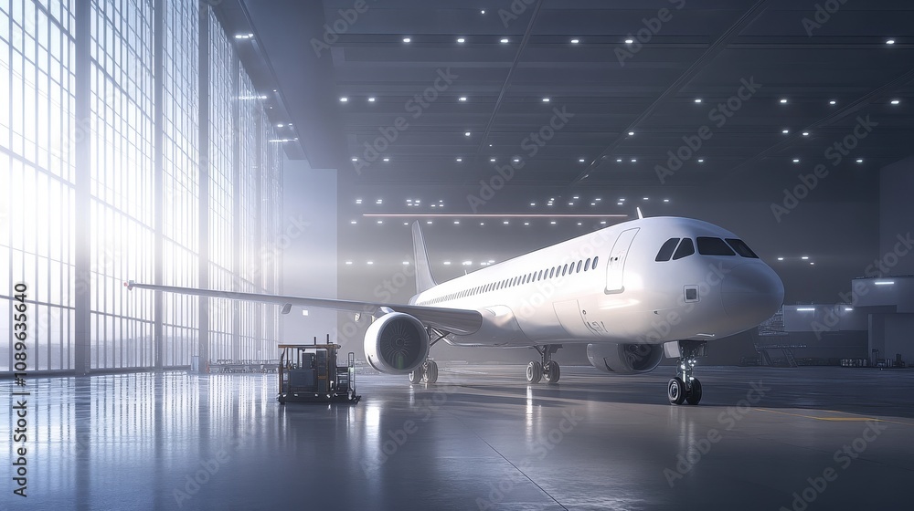 Airplane parked inside a spacious, illuminated hangar Airplane parked inside a spacious, illuminated hangar