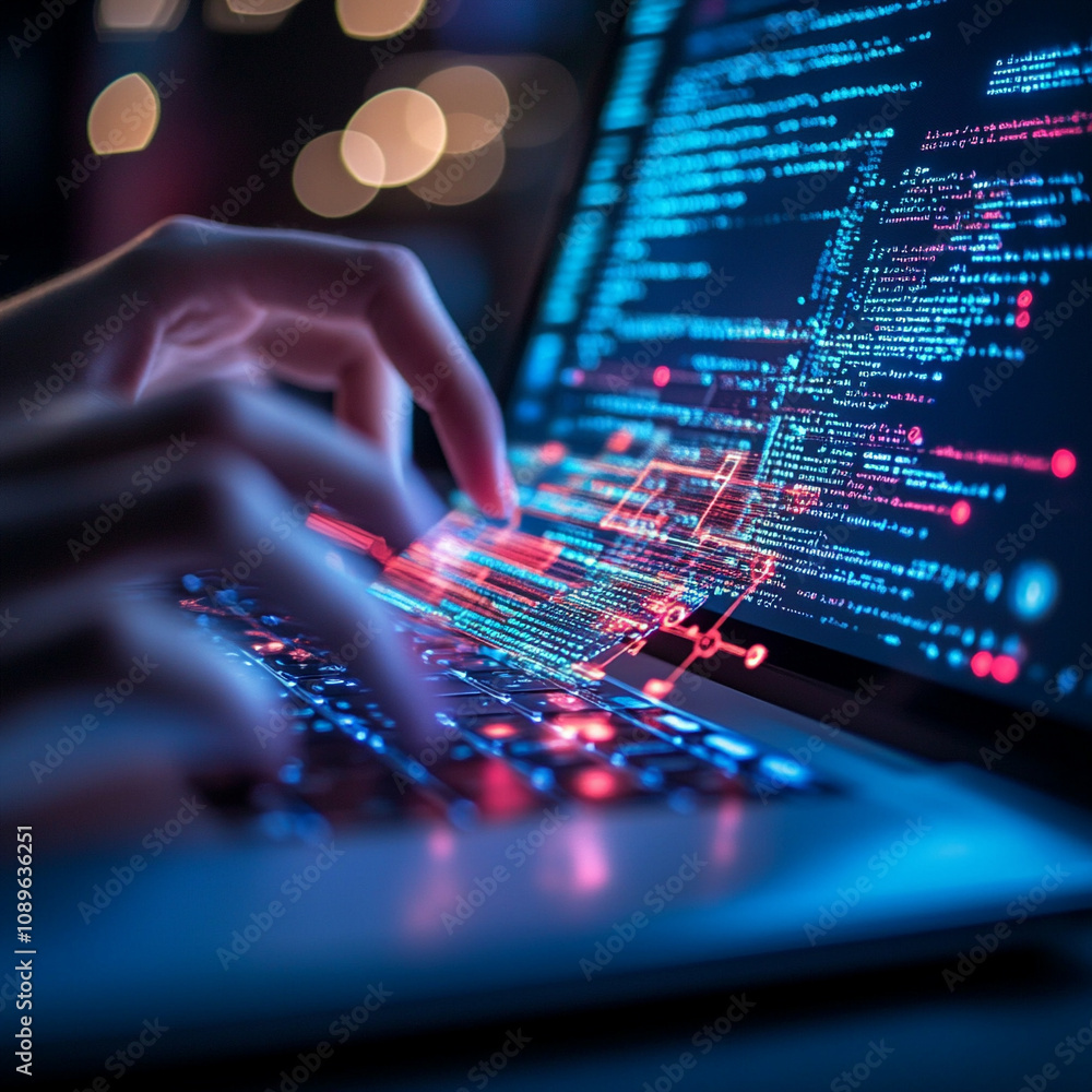 Coding session with glowing text on laptop in dimly lit room at night Coding session with glowing text on laptop in dimly lit room at night