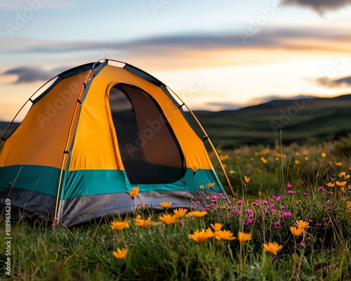 Vibrant camping scene with a colorful tent on a grassy field, surrounded by wildflowers at sunset, capturing the essence of outdoor adventure. photo