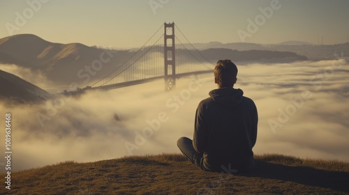 Silhouette of a person meditating on a hill overlooking the Golden Gate Bridge shrouded in fog.