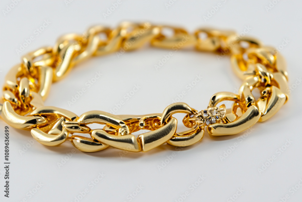 Fototapeta premium A gold chain bracelet with a diamond clasp. A gold chain with a gray background. Chain gold gray background decoration lies. A gold chain lying on a gray background with gold lifestyle decorations.