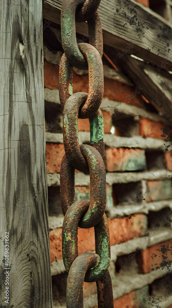 Close-up of a rusty metal chain hanging against a weathered wooden and brick background. Close-up of a rusty metal chain hanging against a weathered wooden and brick background.