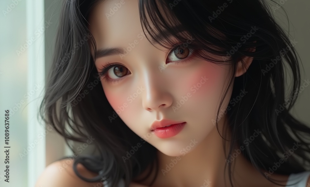 Fototapeta premium a beautiful Asian girl with black hairs and brown eyes base ai model
