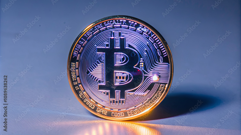 A Bitcoin coin is showcased prominently against a blue background, emphasizing its unique design and glowing features. The coin represents digital currency and financial innovation A Bitcoin coin is showcased prominently against a blue background, emphasizing its unique design and glowing features. The coin represents digital currency and financial innovation