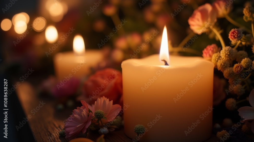 A close-up of a lit candle of remembrance, casting a warm glow in a dimly lit setting. The candle is surrounded by delicate flowers and personal mementos A close-up of a lit candle of remembrance, casting a warm glow in a dimly lit setting. The candle is surrounded by delicate flowers and personal mementos