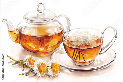 Watercolor of a glass teapot and cup of herbal tea with dandelion flowers inside 