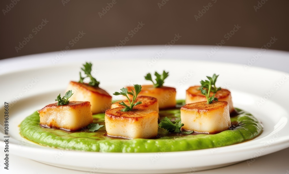 Delicious scallops on green puree Delicious scallops on green puree